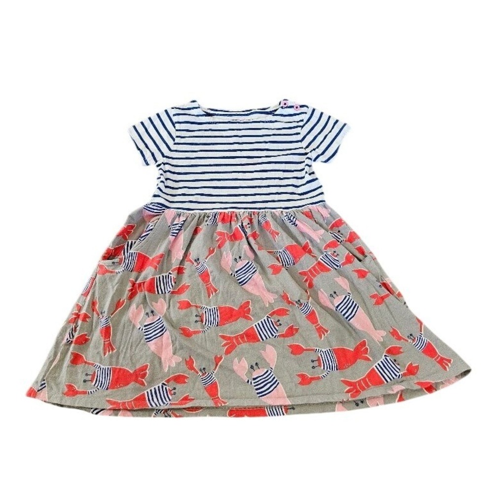 Mini Boden Girls Blue White Striped Lobster Print Cotton Dress Size 6-7Y